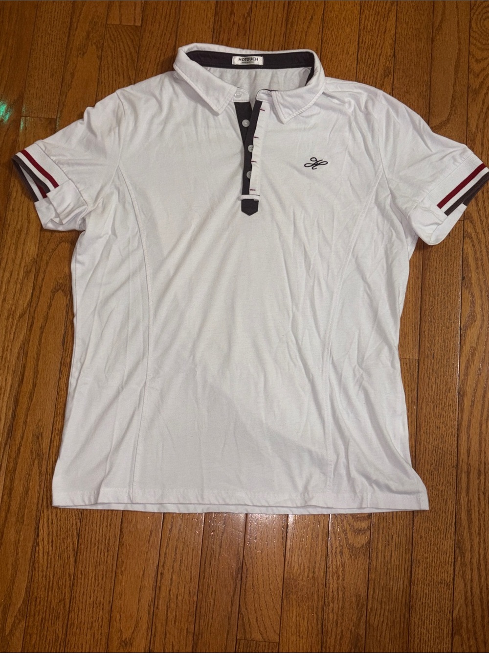 White Polo with Black Placket and Burgundy Sleeve Stripes - Modern Casual